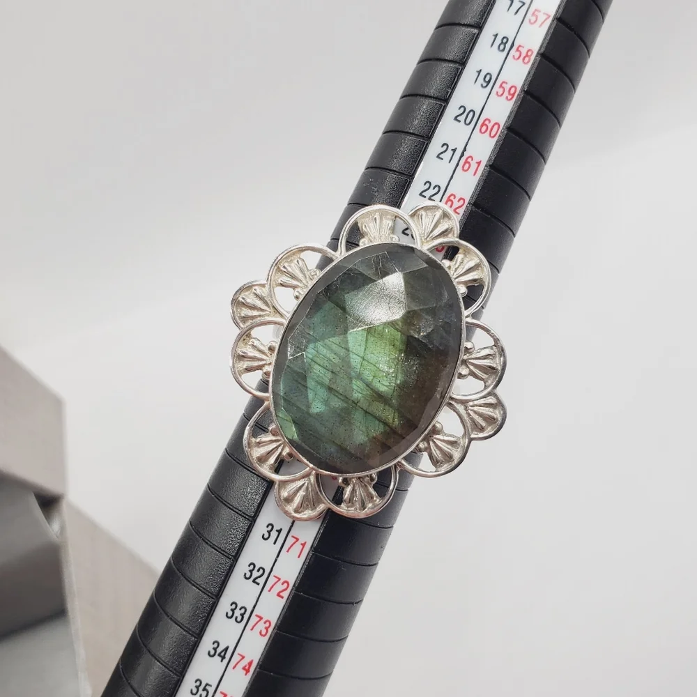 925 Sterling Silver Ring Blue Green Labradorite Ring Statement Ring Face…